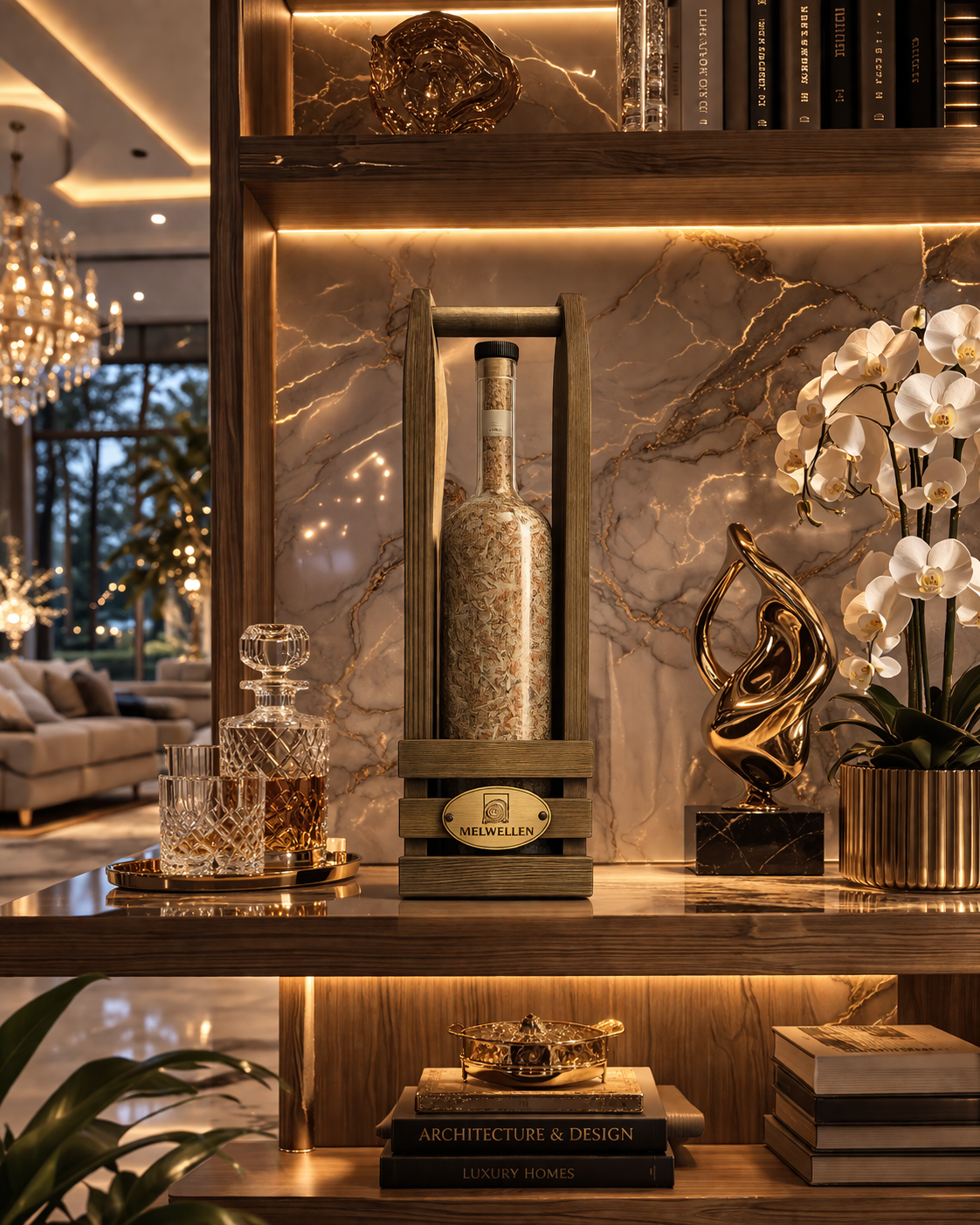 Карма Денег — капсула на полке с мрамором и орхидеями